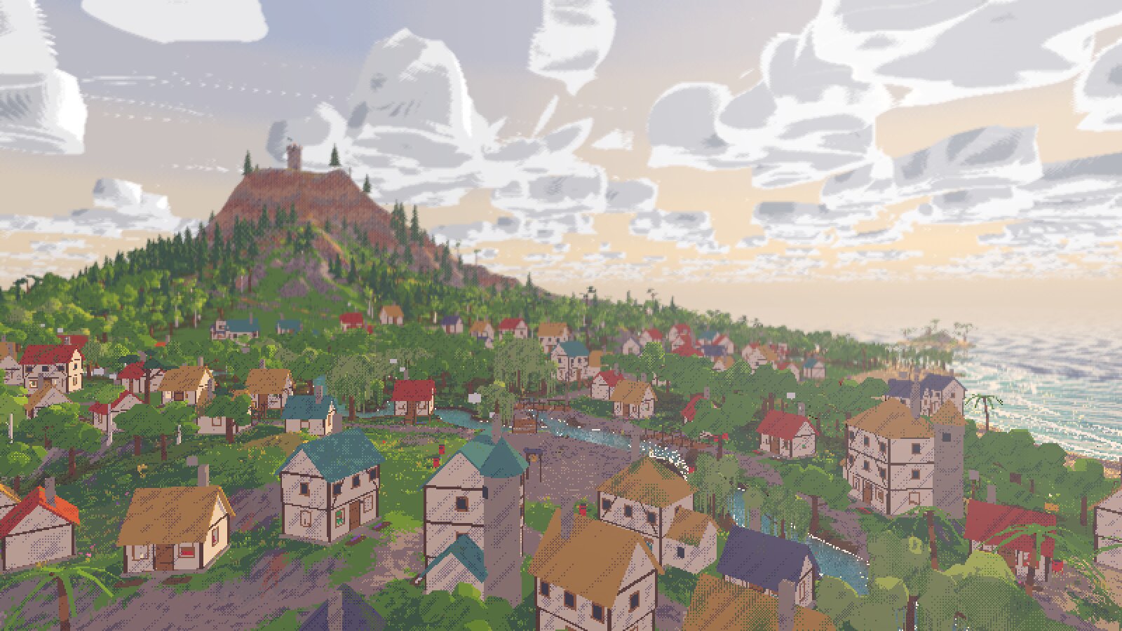 A Hollow County town at golden hour, clouds piled over the hills